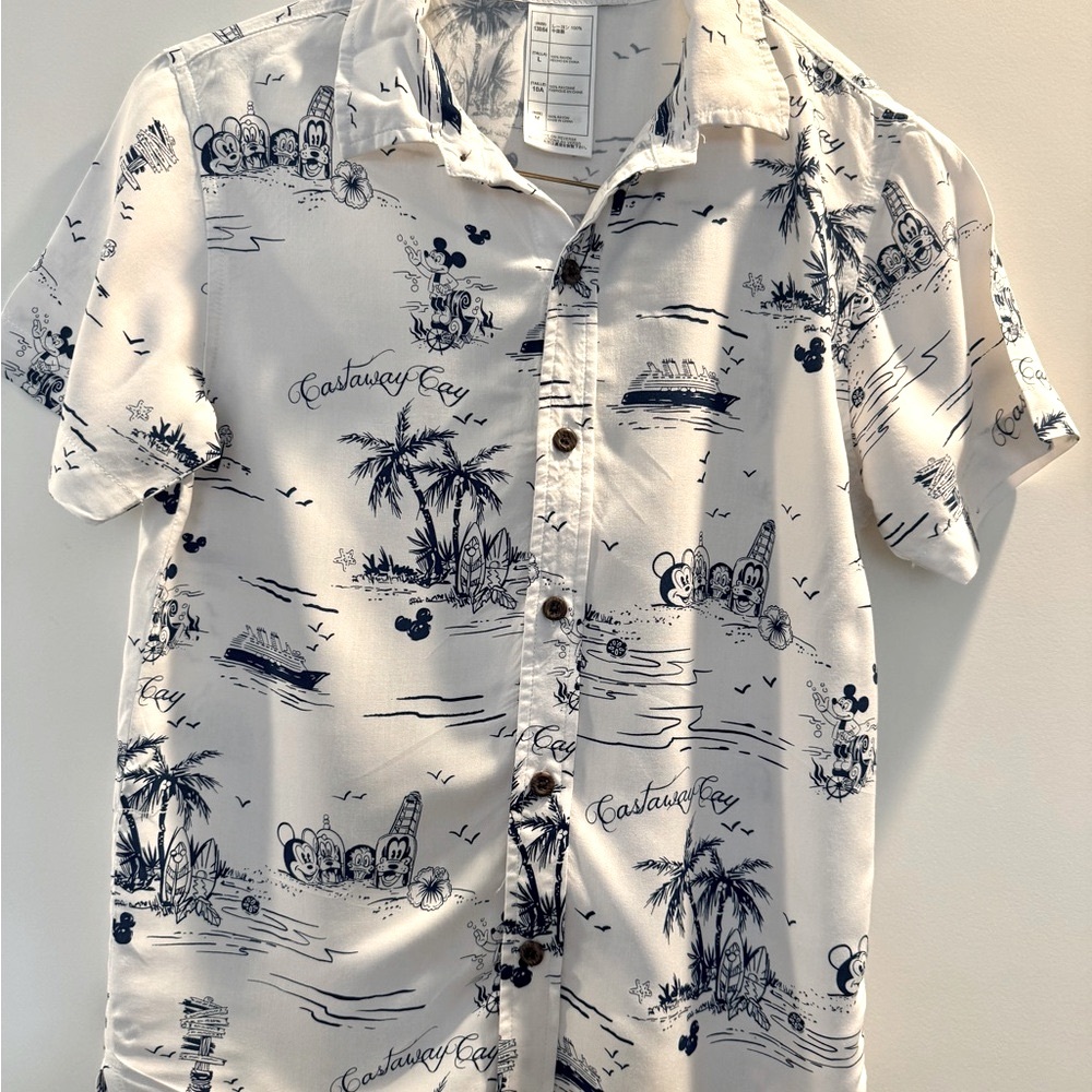 Disney Castaway Cay Light Weight Button White and Blue Graphic Shirt (Boys)